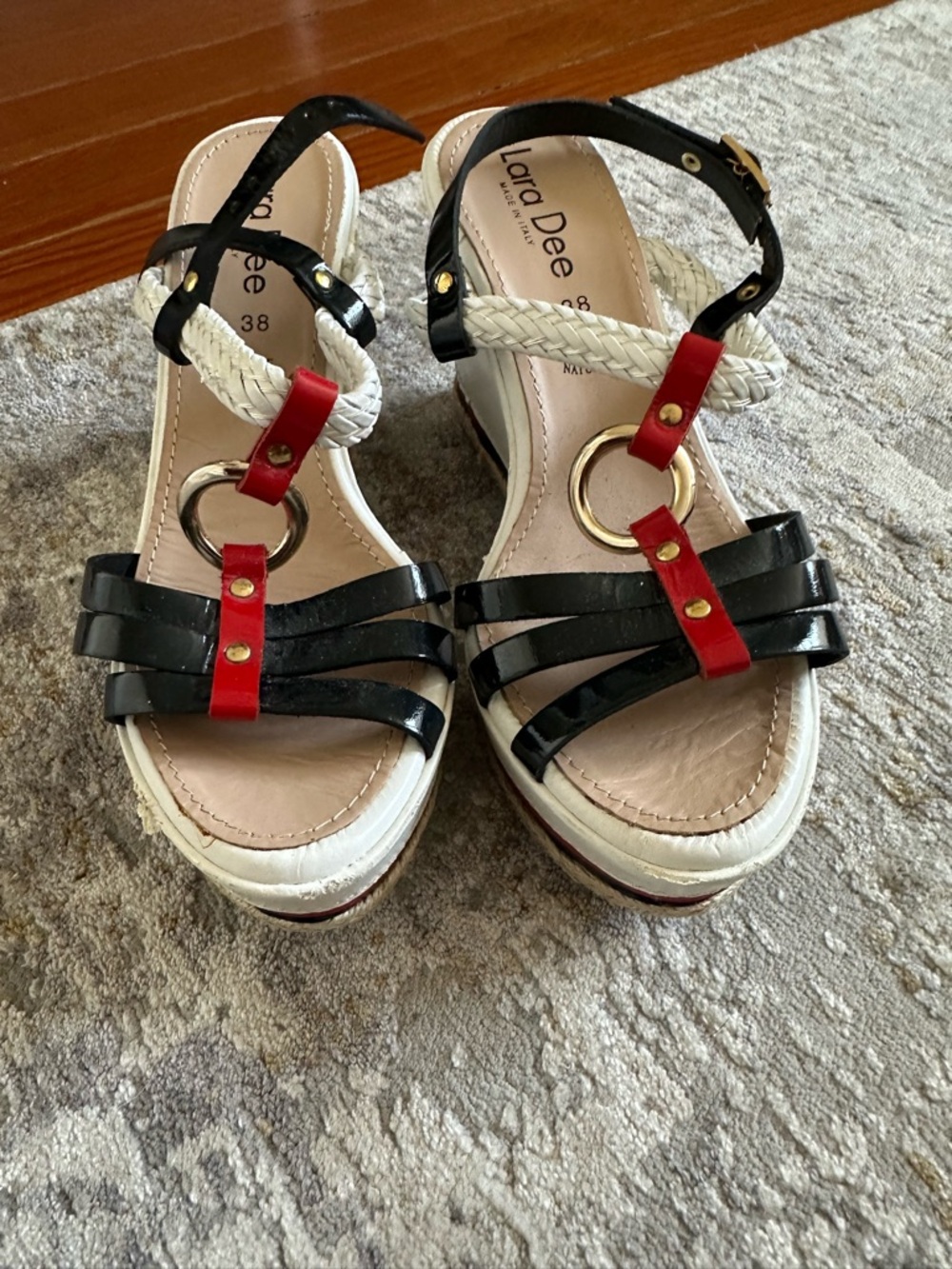 Lara Dee Black & Red Braided Strap Wedge Sandals